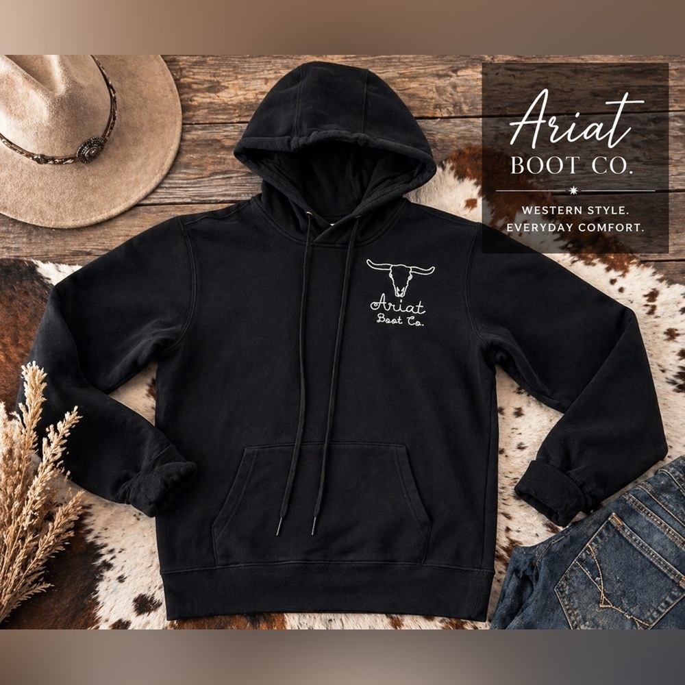 Ariat Boot Co Black Hoodie Longhorn Logo Western Pullover Sz S